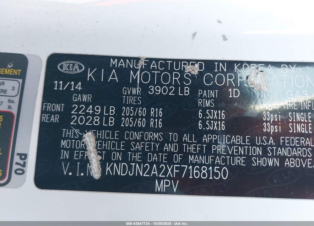 2015 KIA SOUL VIN: KNDJN2A2XF7168150