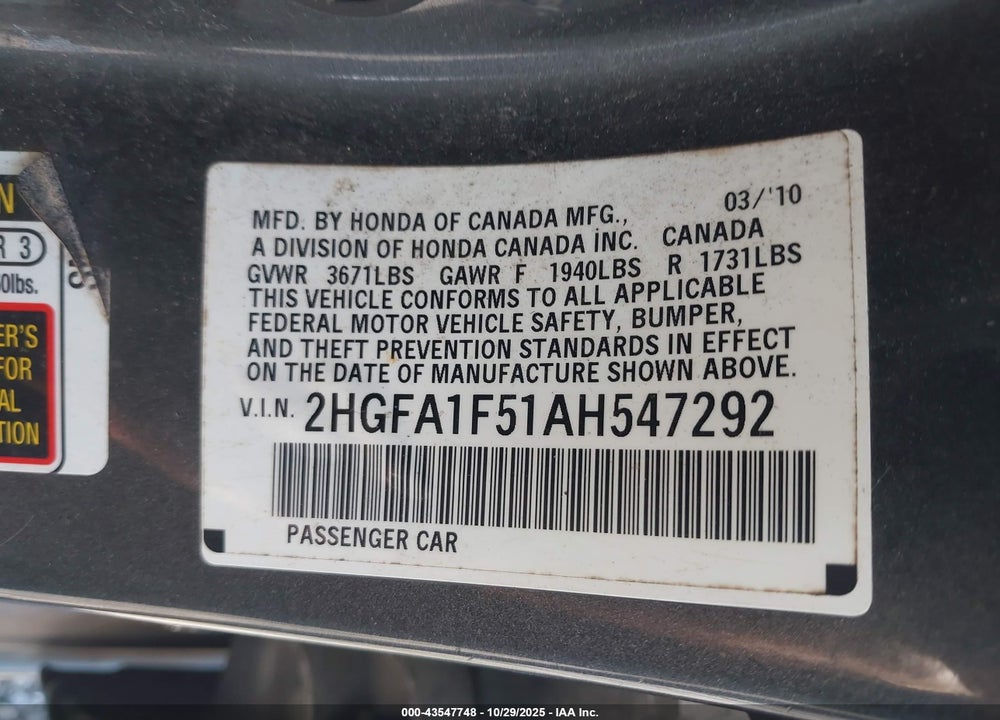 2010 HONDA CIVIC LX VIN: 2HGFA1F51AH547292