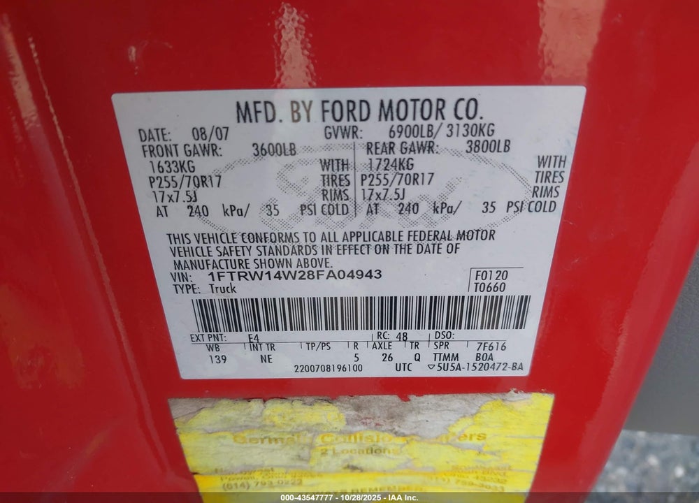 2008 FORD F-150 60TH ANNIVERSARY/XL/XLT VIN: 1FTRW14W28FA04943