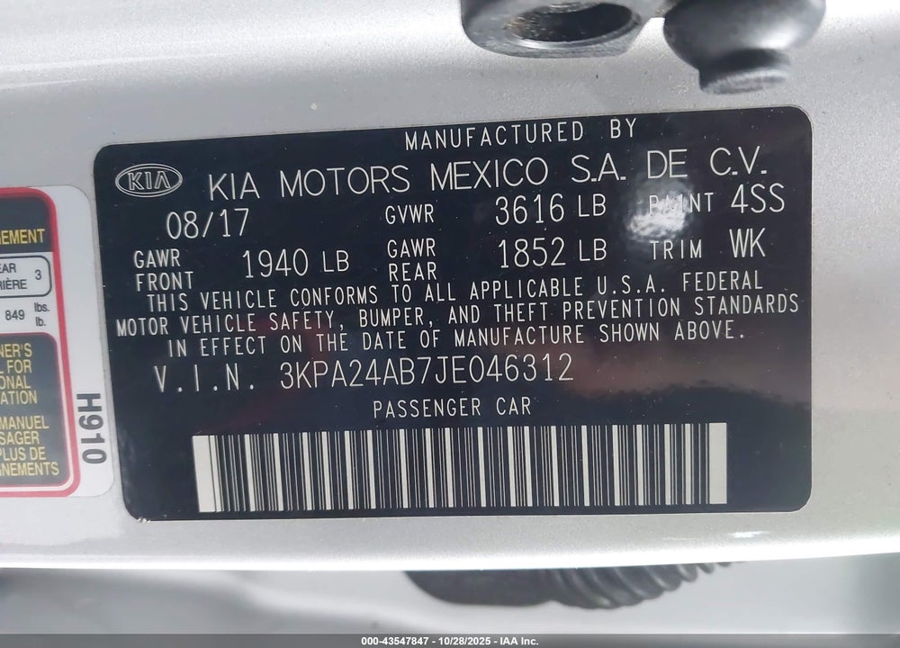 2018 KIA RIO LX VIN: 3KPA24AB7JE046312