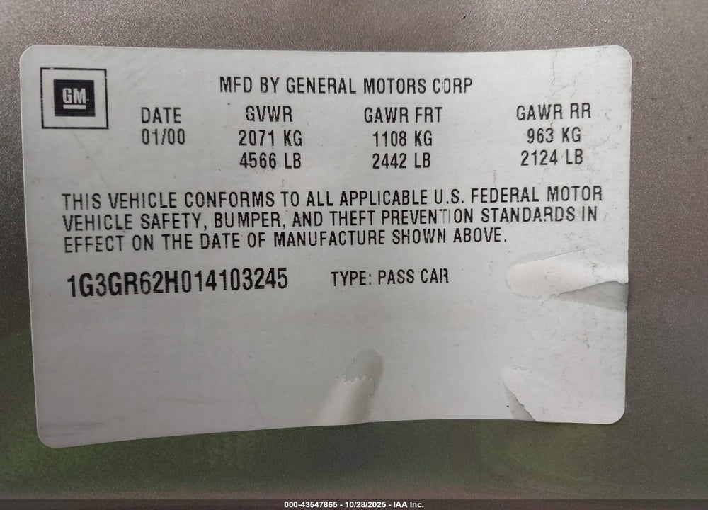 2001 OLDSMOBILE AURORA 3.5 VIN: 1G3GR62H014103245