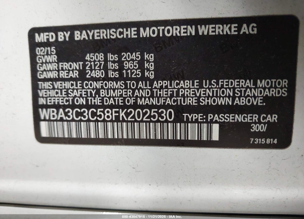 2015 BMW 320I XDRIVE VIN: WBA3C3C58FK202530