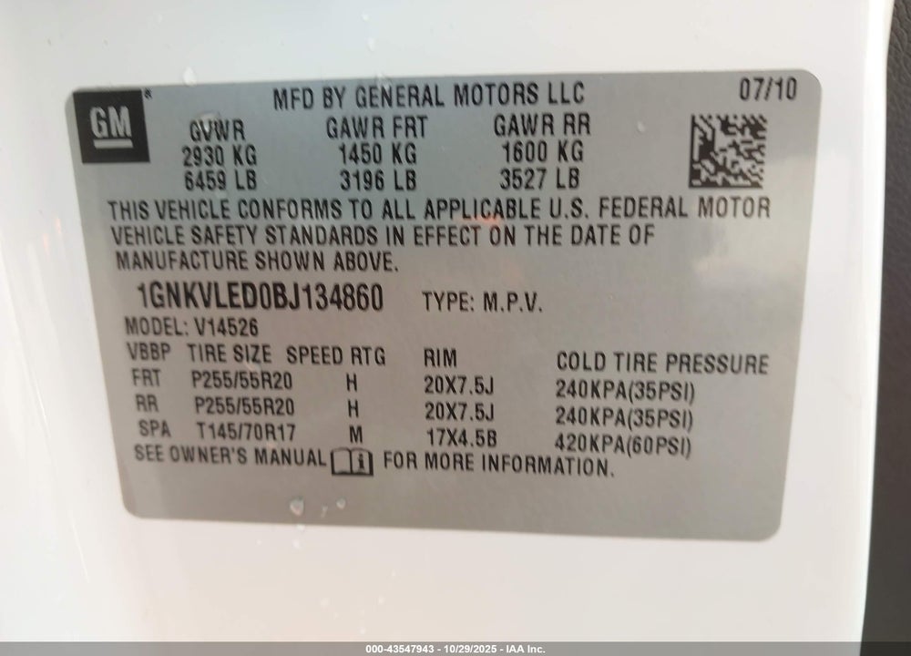 2011 CHEVROLET TRAVERSE VIN: 1GNKVLED0BJ134860
