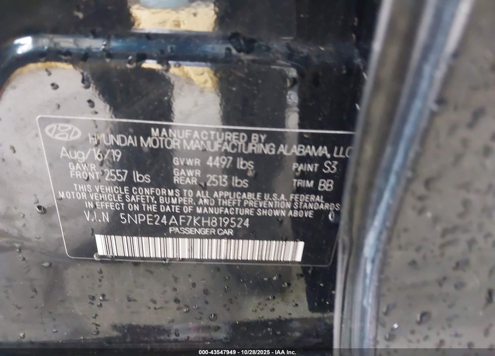 2019 HYUNDAI SONATA SE VIN: 5NPE24AF7KH819524