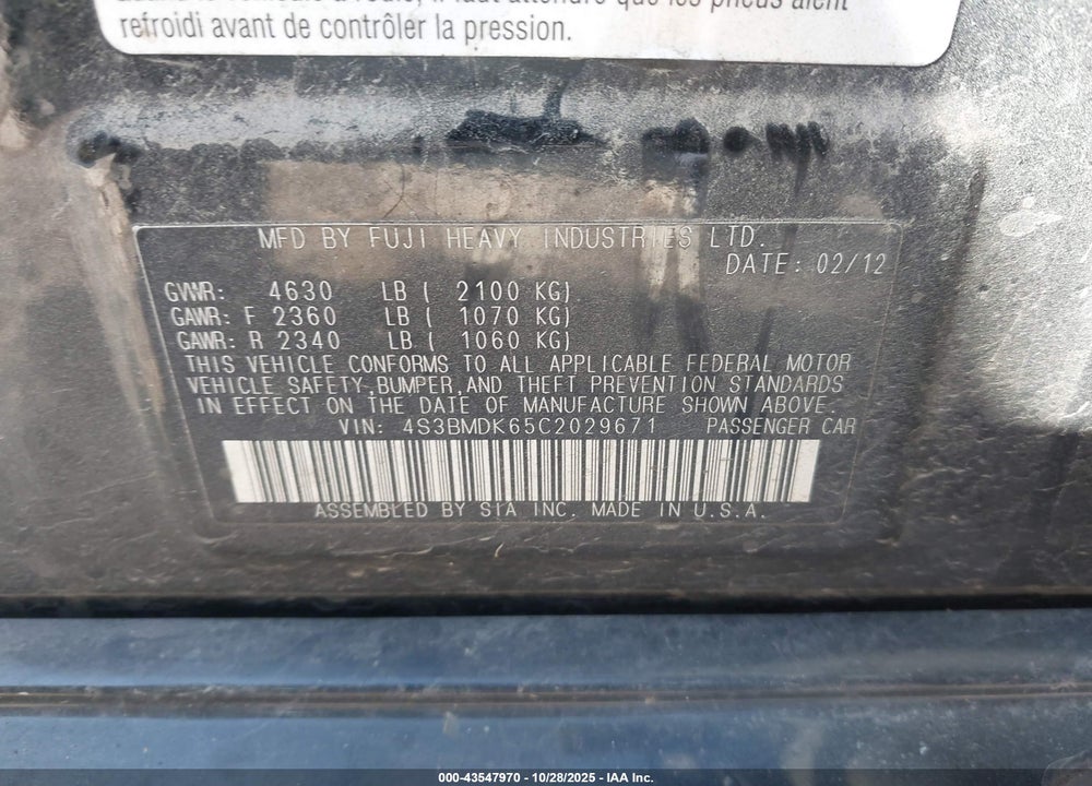 2012 SUBARU LEGACY VIN: 4S3BMDK65C2029671