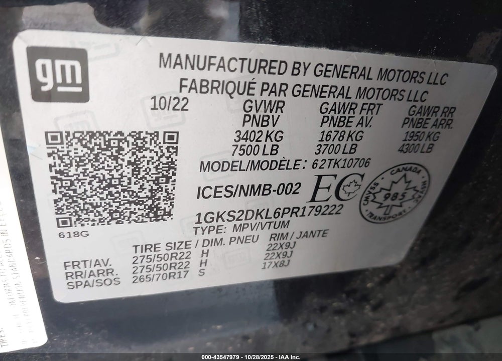 2023 GMC YUKON 4WD DENALI VIN: 1GKS2DKL6PR179222