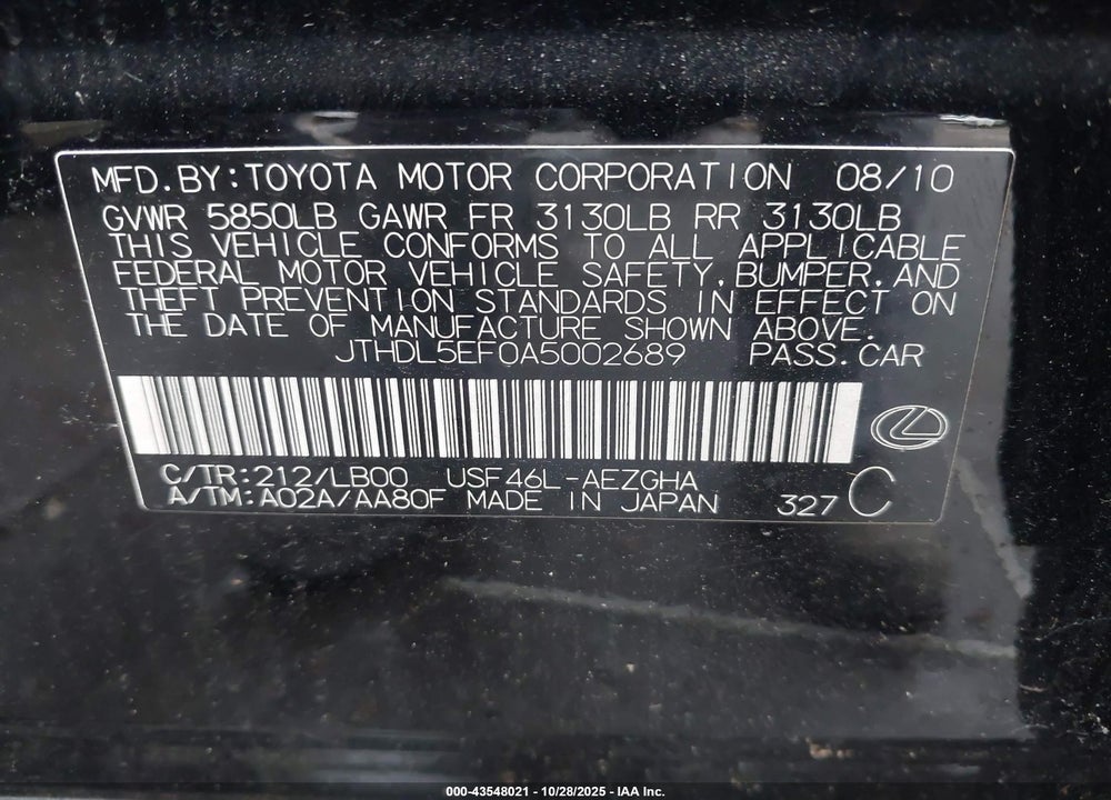 2010 LEXUS LS 460 L VIN: JTHDL5EF0A5002689