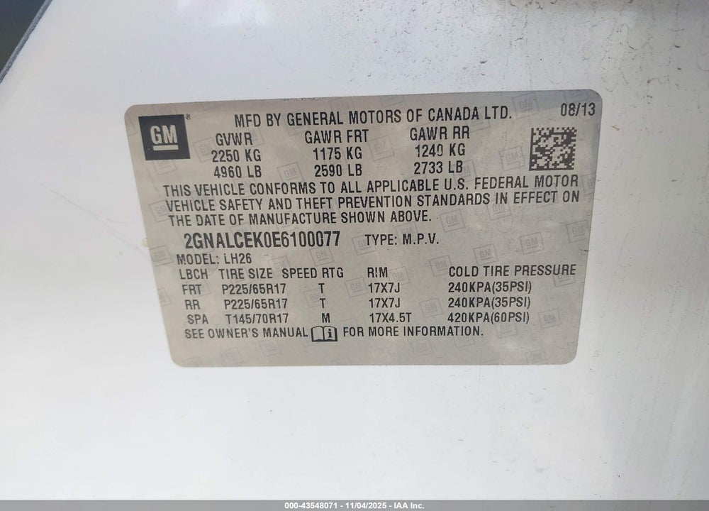 2014 CHEVROLET EQUINOX 2LT VIN: 2GNALCEK0E6100077