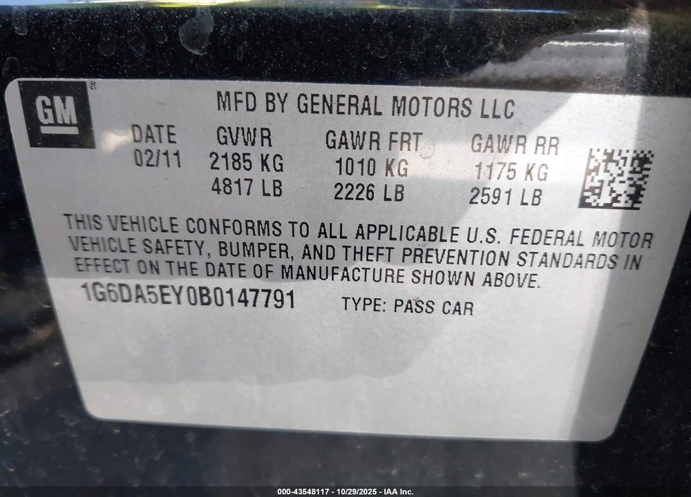 2011 CADILLAC CTS STANDARD VIN: 1G6DA5EY0B0147791