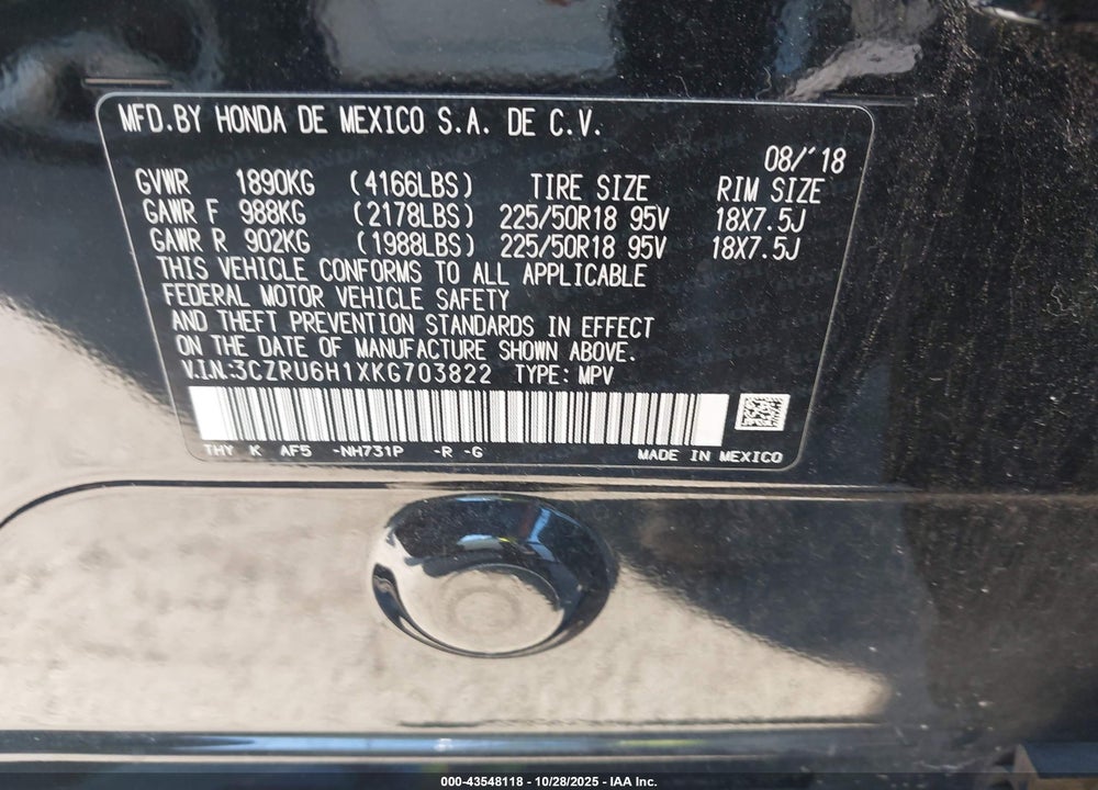 2019 HONDA HR-V SPORT VIN: 3CZRU6H1XKG703822
