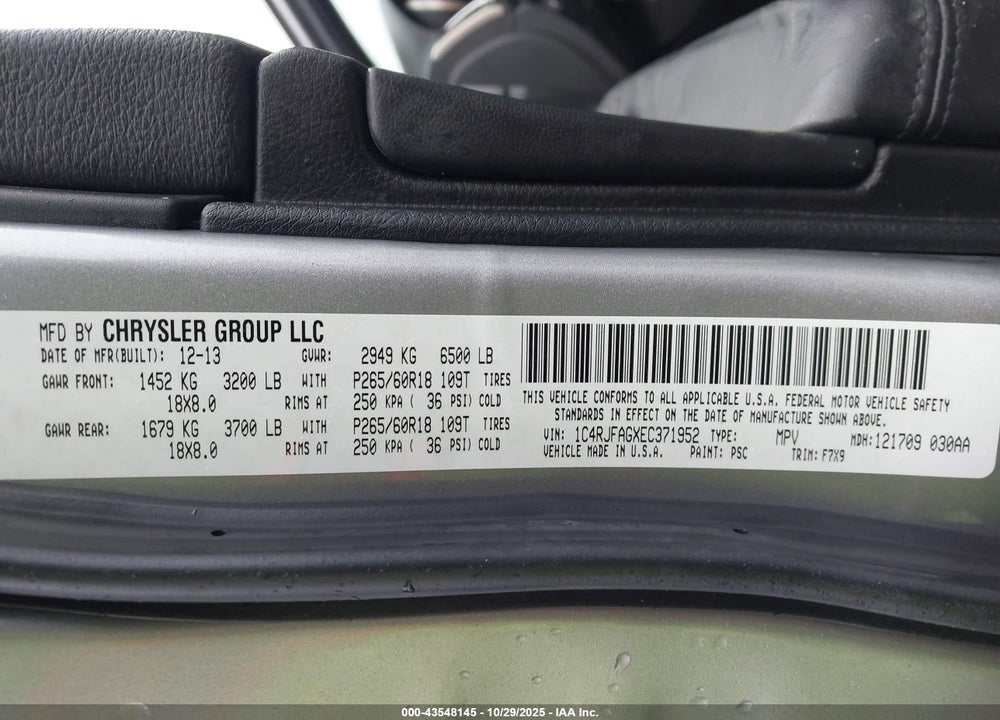 2014 JEEP GRAND CHEROKEE LAREDO VIN: 1C4RJFAGXEC371952