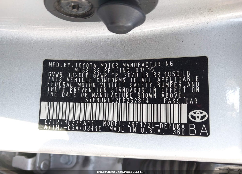 2015 TOYOTA COROLLA L VIN: 5YFBURHE2FP262814