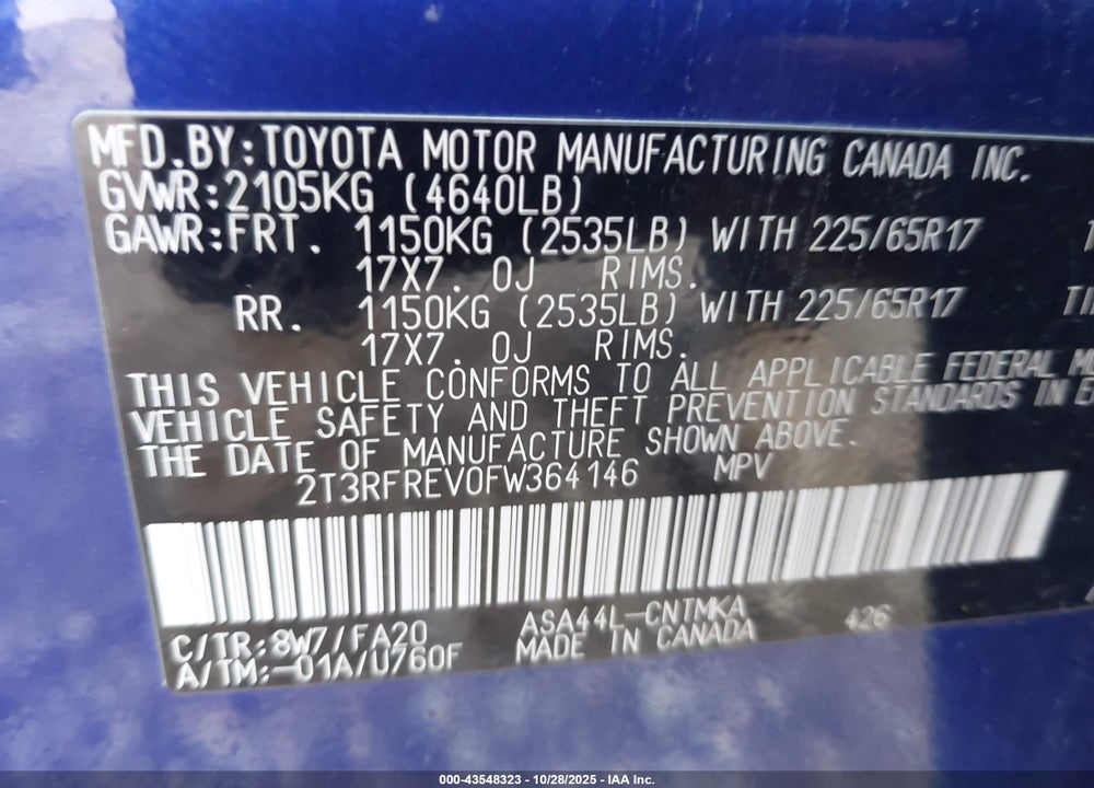2015 TOYOTA RAV4 XLE VIN: 2T3RFREV0FW364146