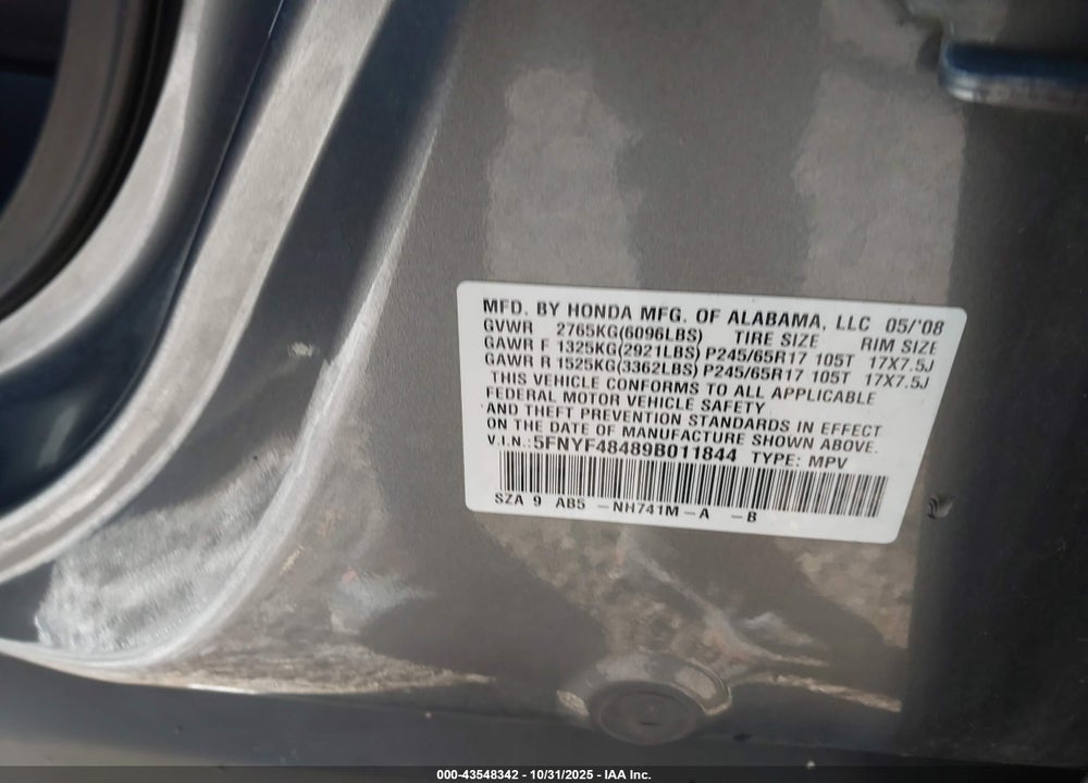 2009 HONDA PILOT EX VIN: 5FNYF48489B011844