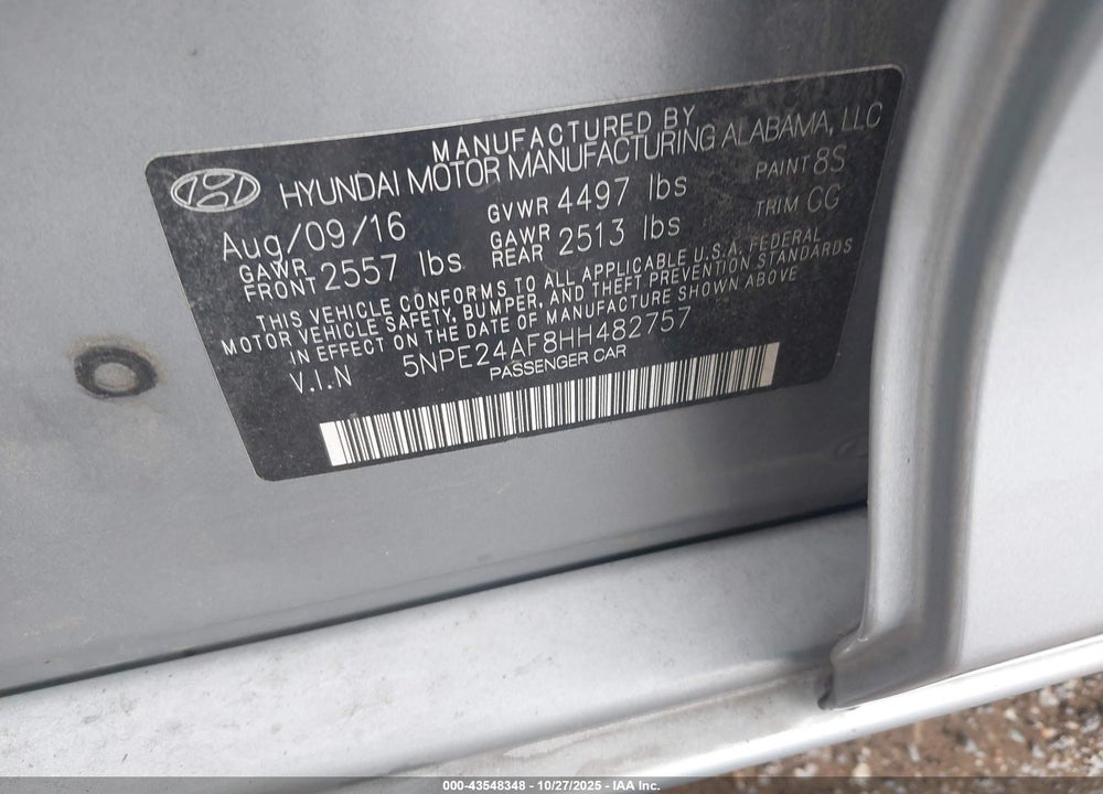 2017 HYUNDAI SONATA SE VIN: 5NPE24AF8HH482757