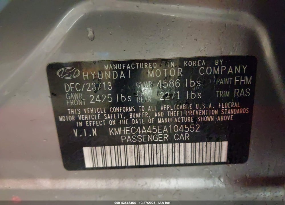 2014 HYUNDAI SONATA HYBRID LIMITED VIN: KMHEC4A45EA104552