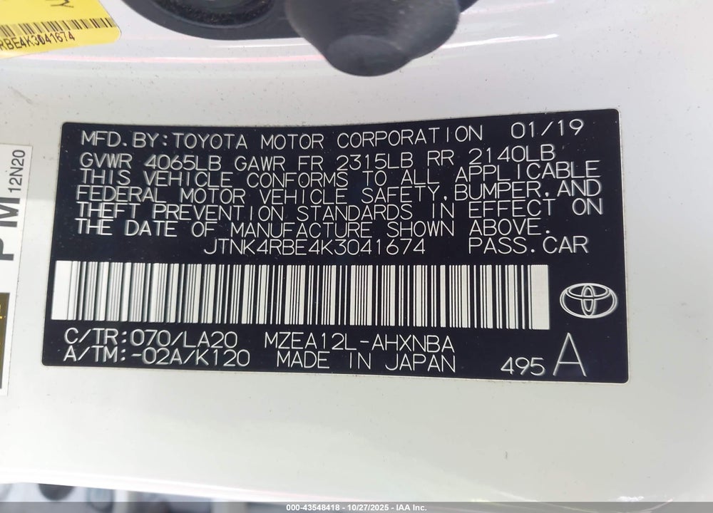 2019 TOYOTA COROLLA XSE VIN: JTNK4RBE4K3041674