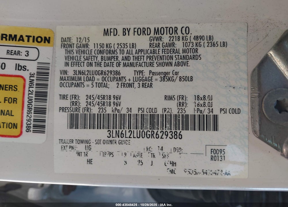 2016 LINCOLN MKZ HYBRID VIN: 3LN6L2LU0GR629386