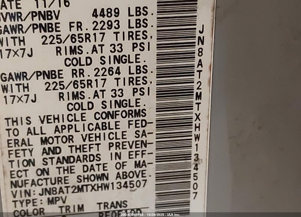2017 NISSAN ROGUE S VIN: JN8AT2MTXHW134507