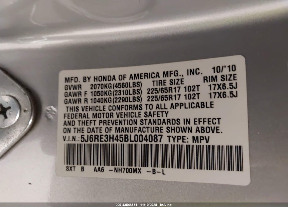 2011 HONDA CR-V SE VIN: 5J6RE3H45BL004087
