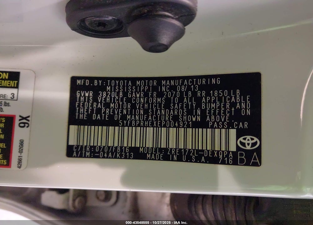 2014 TOYOTA COROLLA LE ECO VIN: 5YFBPRHEXEP004921