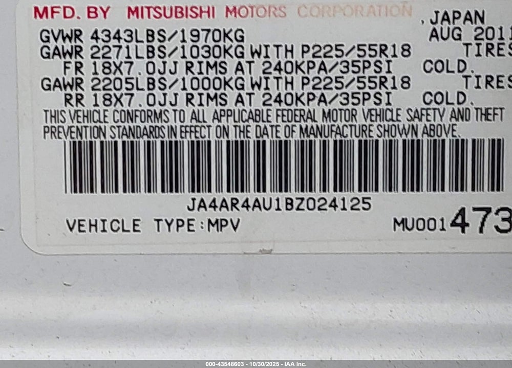 2011 MITSUBISHI OUTLANDER SPORT SE VIN: JA4AR4AU1BZ024125
