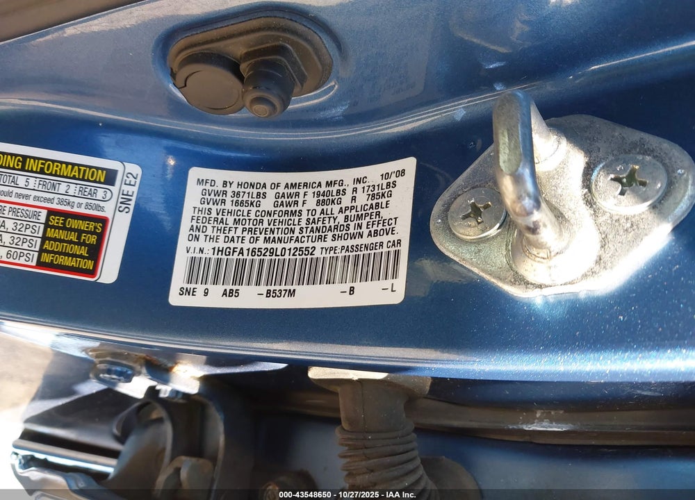 2009 HONDA CIVIC VIN: 1HGFA16529L012552