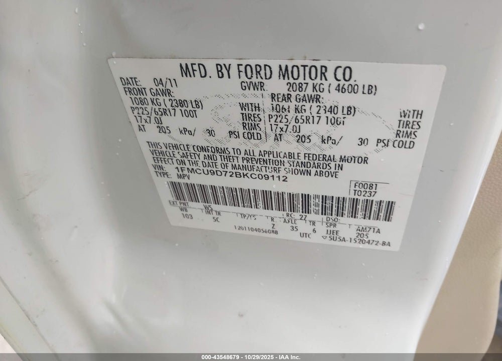 2011 FORD ESCAPE XLT VIN: 1FMCU9D72BKC09112