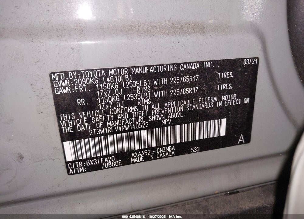 2021 TOYOTA RAV4 XLE VIN: 2T3W1RFV4MW140522