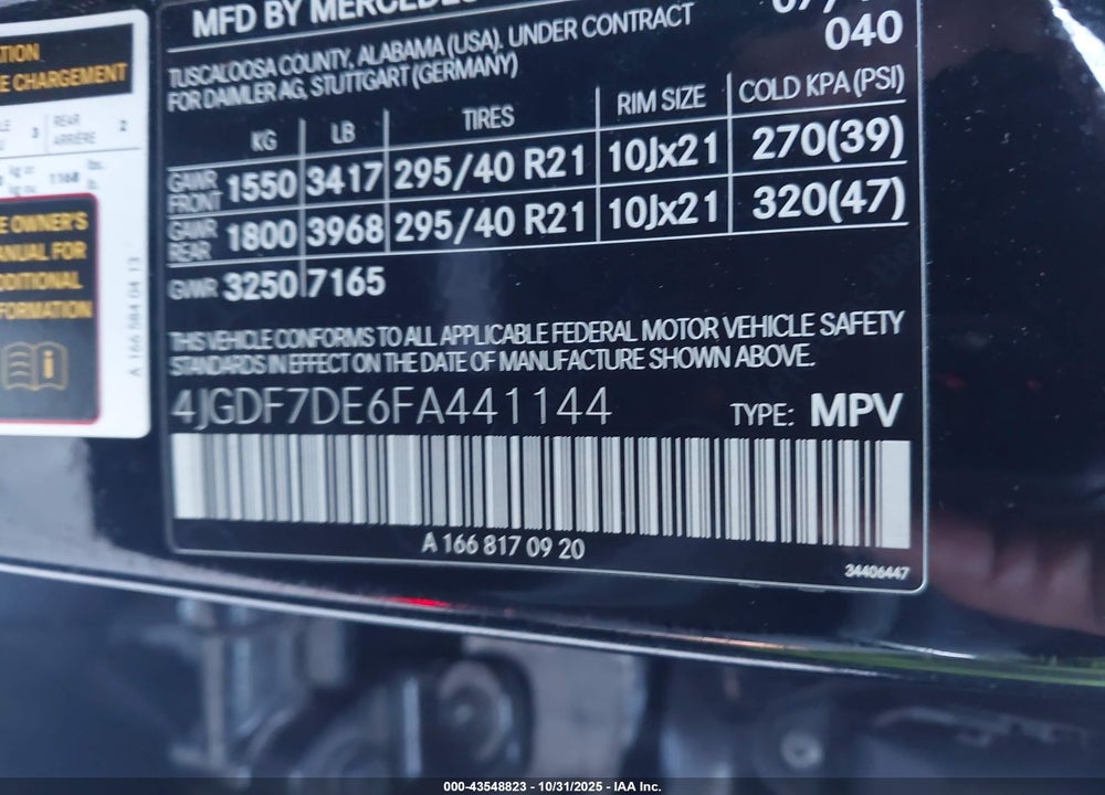 2015 MERCEDES-BENZ GL-CLASS VIN: 4JGDF7DE6FA441144