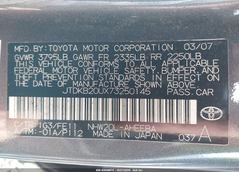 2007 TOYOTA PRIUS VIN: JTDKB20UX73250145