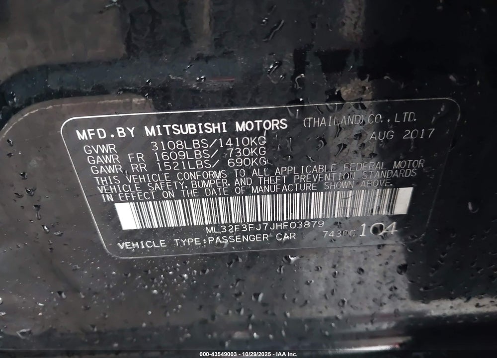 2018 MITSUBISHI MIRAGE G4 ES VIN: ML32F3FJ7JHF03879