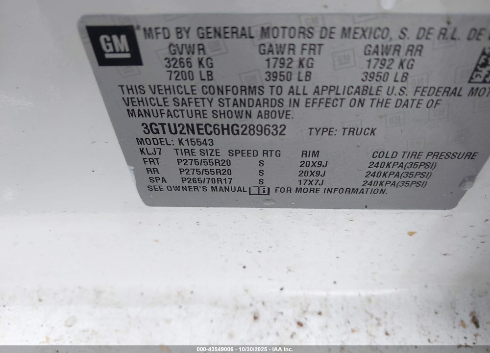 2017 GMC SIERRA 1500 SLT VIN: 3GTU2NEC6HG289632