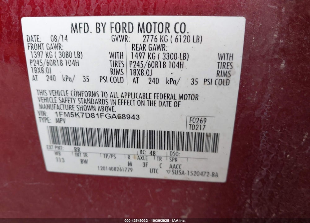 2015 FORD EXPLORER XLT VIN: 1FM5K7D81FGA68943