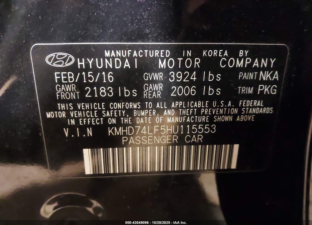 2017 HYUNDAI ELANTRA VIN: KMHD74LF5HU115553