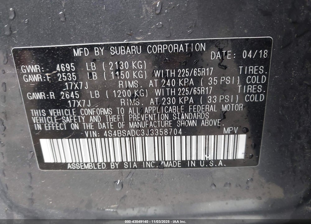 2018 SUBARU OUTBACK VIN: 4S4BSADC3J3358704