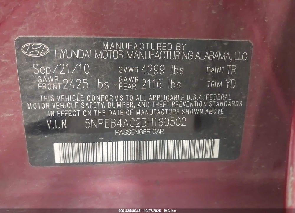 2011 HYUNDAI SONATA GLS VIN: 5NPEB4AC2BH160502