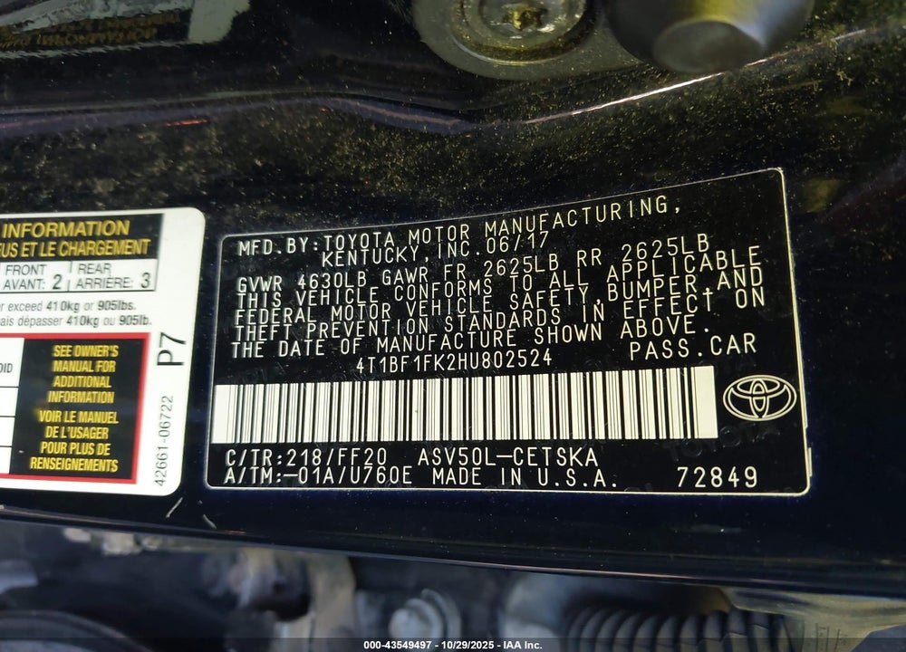 2017 TOYOTA CAMRY VIN: 4T1BF1FK2HU802524