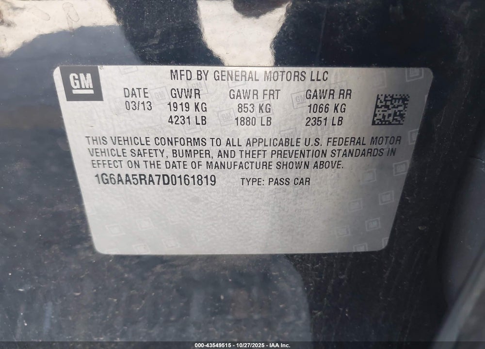 2013 CADILLAC ATS STANDARD VIN: 1G6AA5RA7D0161819