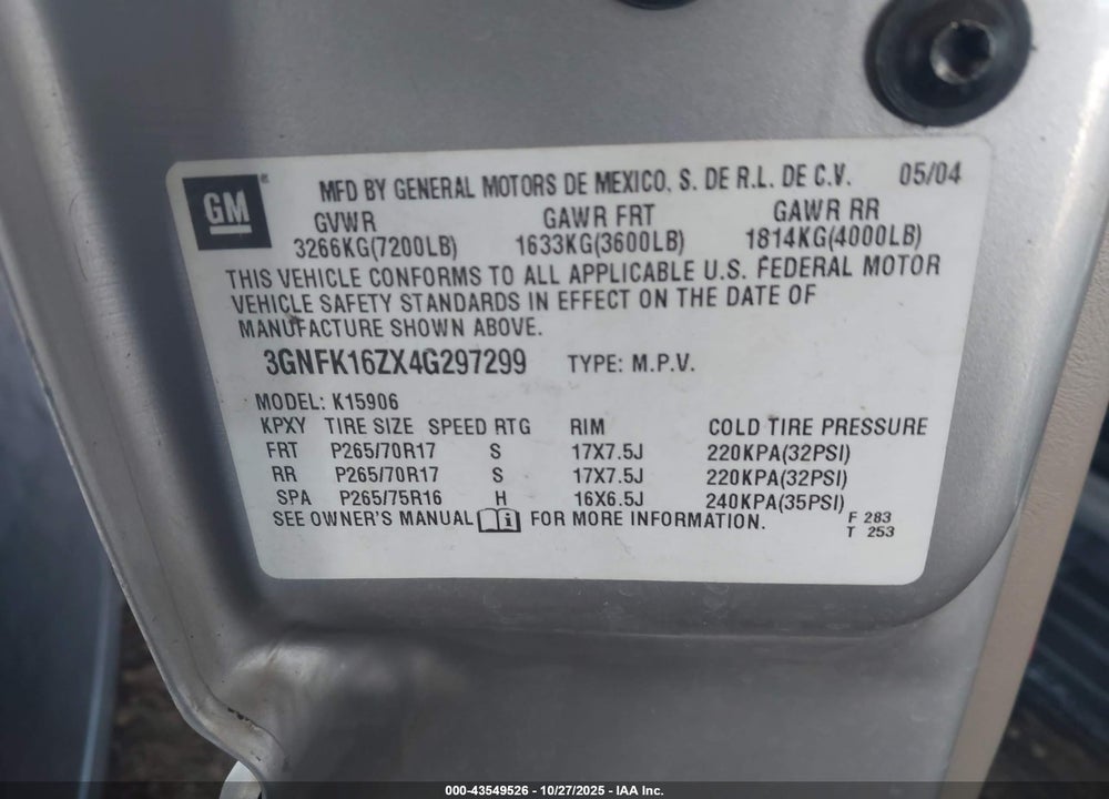 2004 CHEVROLET SUBURBAN 1500 VIN: 3GNFK16ZX4G297299