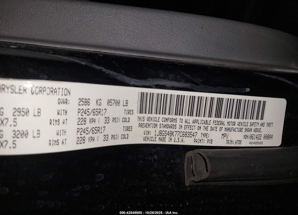 2007 JEEP GRAND CHEROKEE LAREDO VIN: 1J8GS48K77C683547