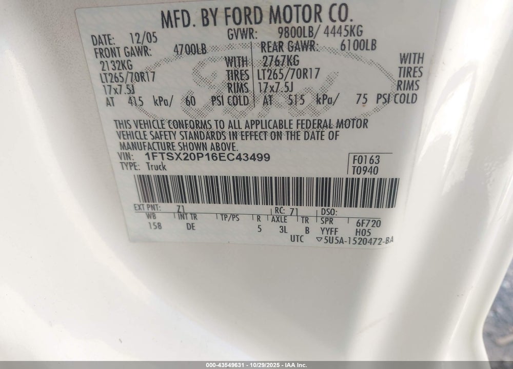 2006 FORD F-250 LARIAT/XL/XLT VIN: 1FTSX20P16EC43499