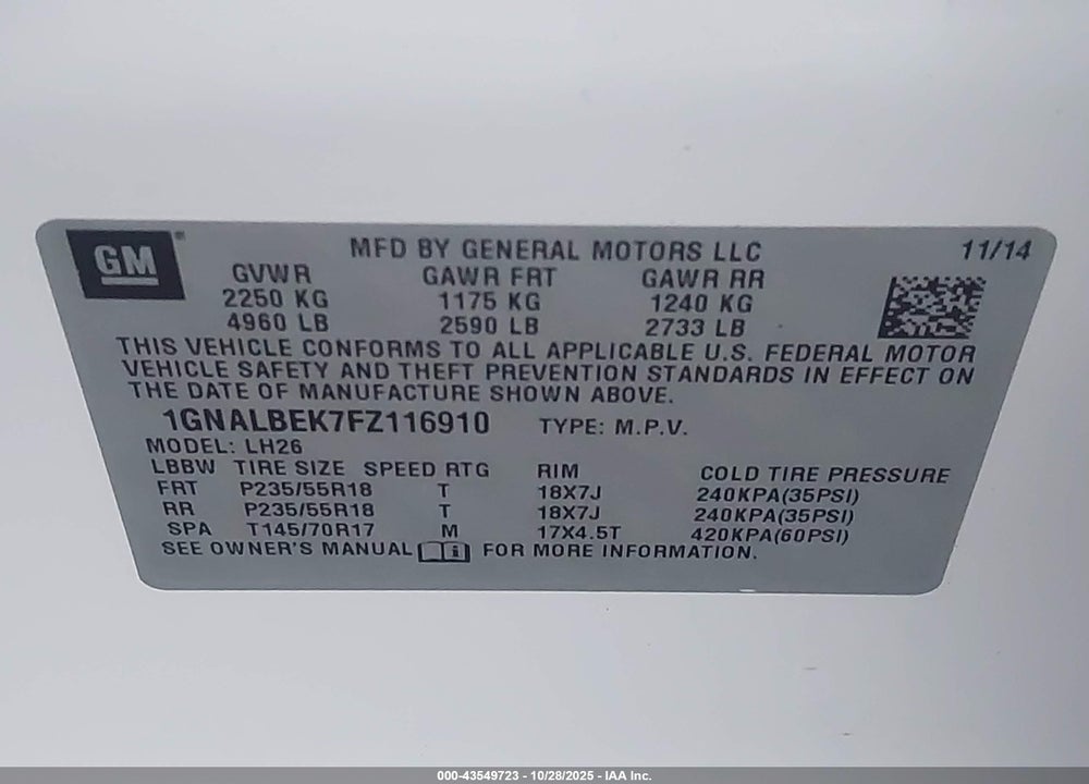 2015 CHEVROLET EQUINOX 1LT VIN: 1GNALBEK7FZ116910