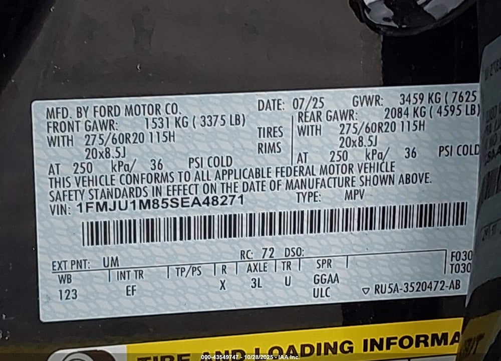 2025 FORD EXPEDITION PLATINUM VIN: 1FMJU1M85SEA48271