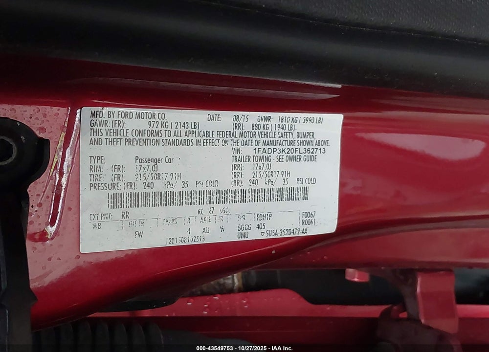 2015 FORD FOCUS SE VIN: 1FADP3K20FL362713
