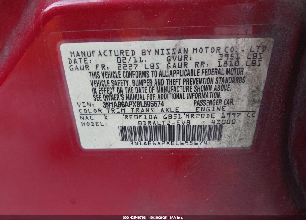 2011 NISSAN SENTRA VIN: 3N1AB6APXBL695674