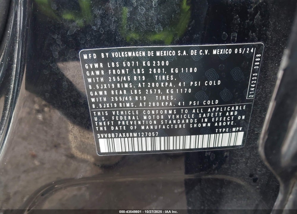 2024 VOLKSWAGEN TIGUAN VIN: 3VV8B7AX8RM127057