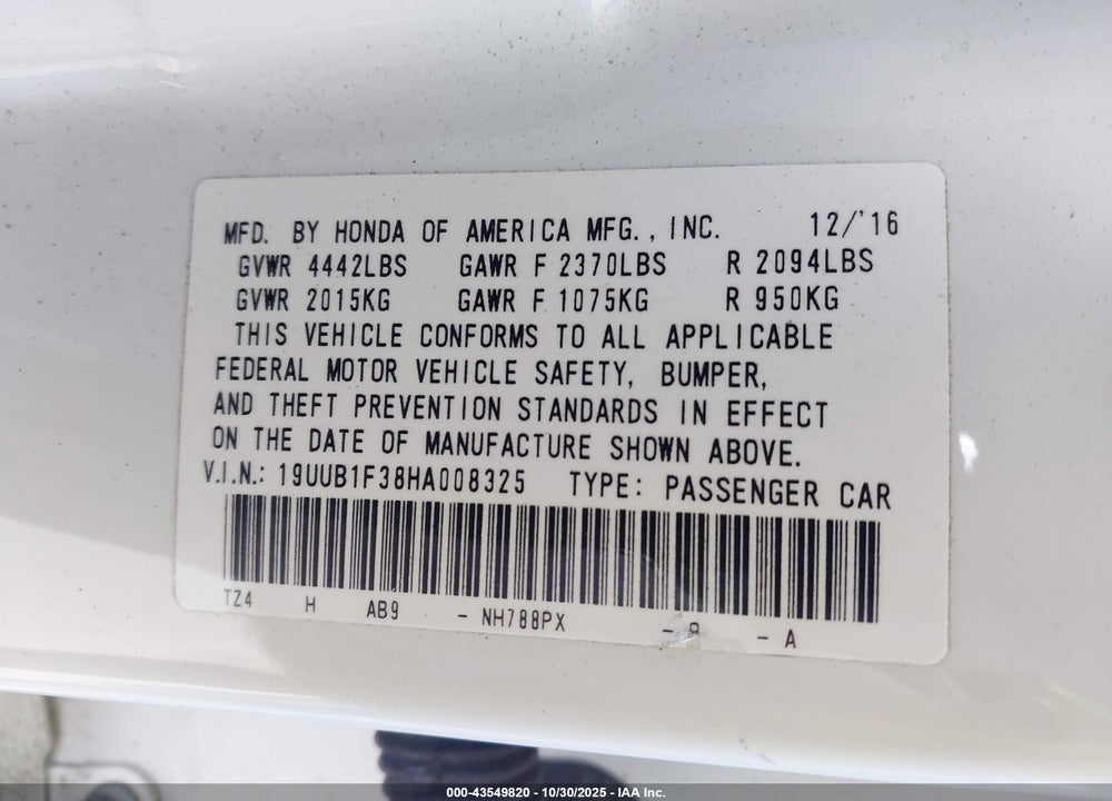 2017 ACURA TLX VIN: 19UUB1F38HA008325