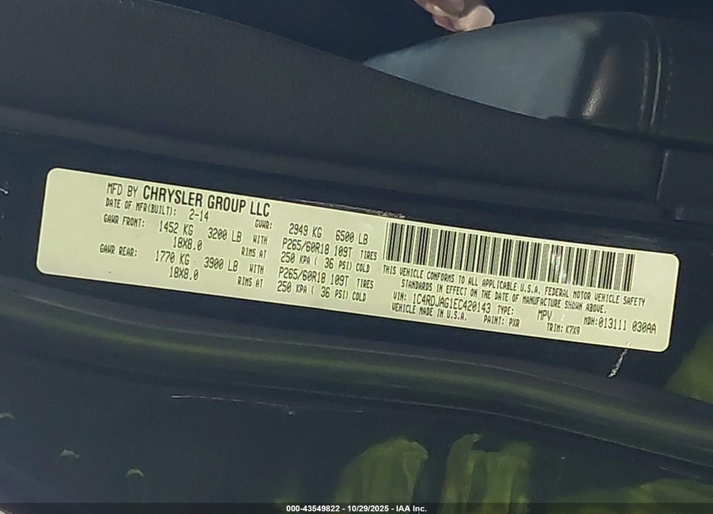 2014 DODGE DURANGO SXT VIN: 1C4RDJAG1EC420143