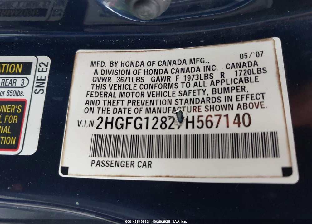 2007 HONDA CIVIC EX VIN: 2HGFG12827H567140